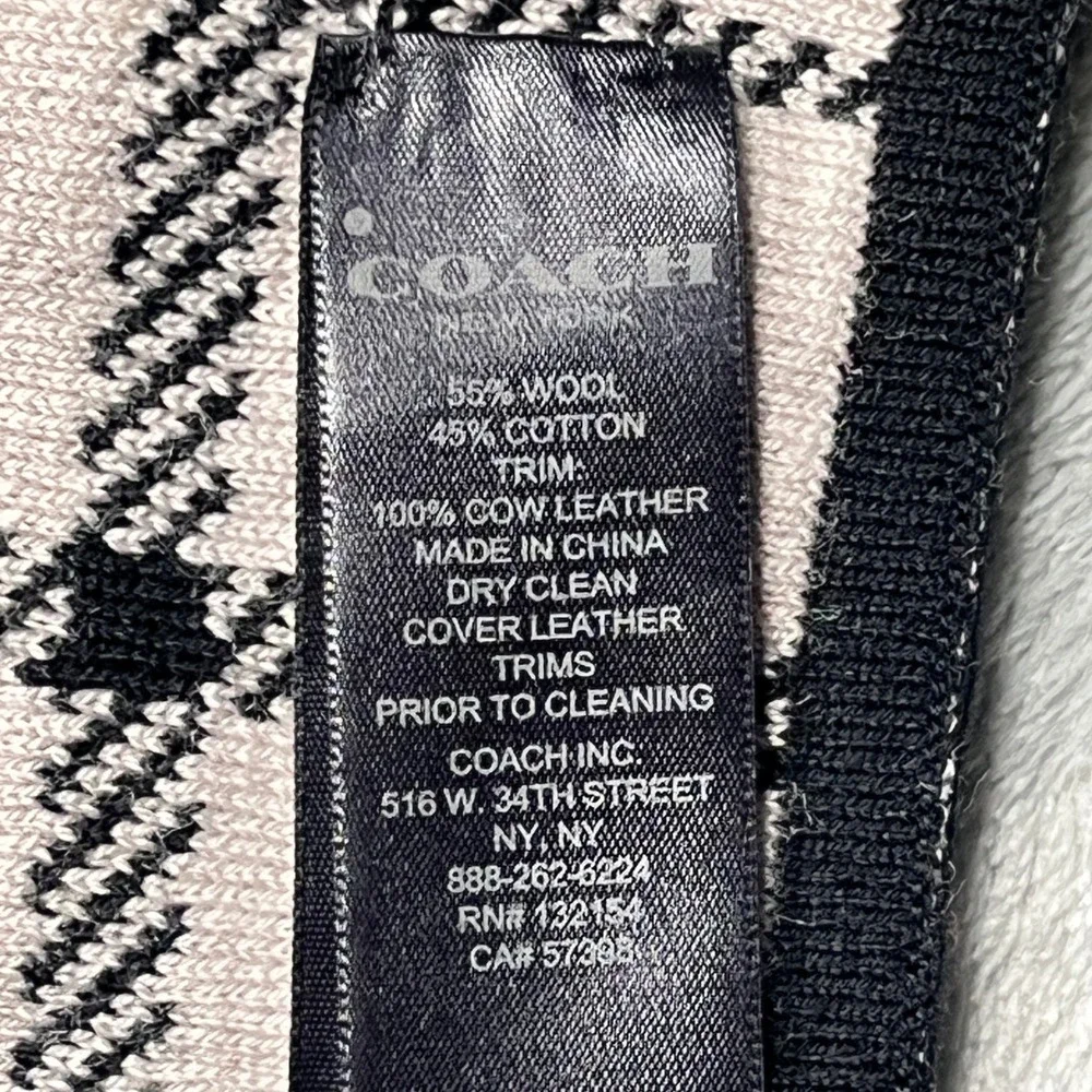 Coach‎ Scarf Black Ivory Reversible Plaid Wool Cotton Knit Leather Logo